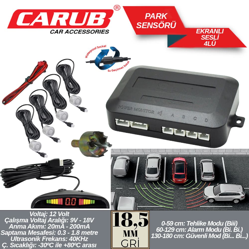 Park Sensörü Ekranlı-Sesli 18,5mm 4Lü Gri