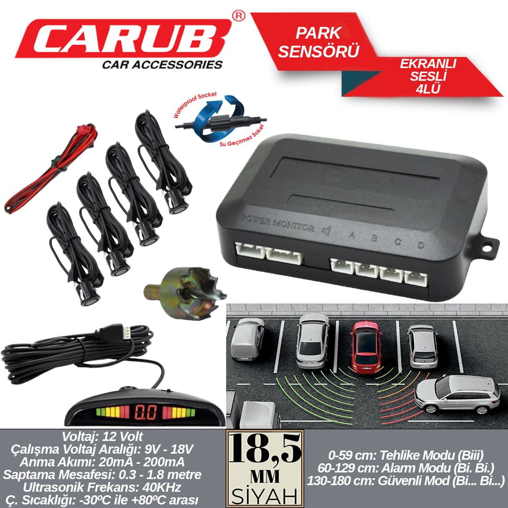Park Sensörü Ekranlı Sesli 18,5mm 4Lü Siyah