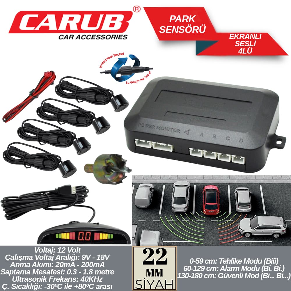 Park Sensörü Ekranlı Sesli 22mm 4Lü Siyah