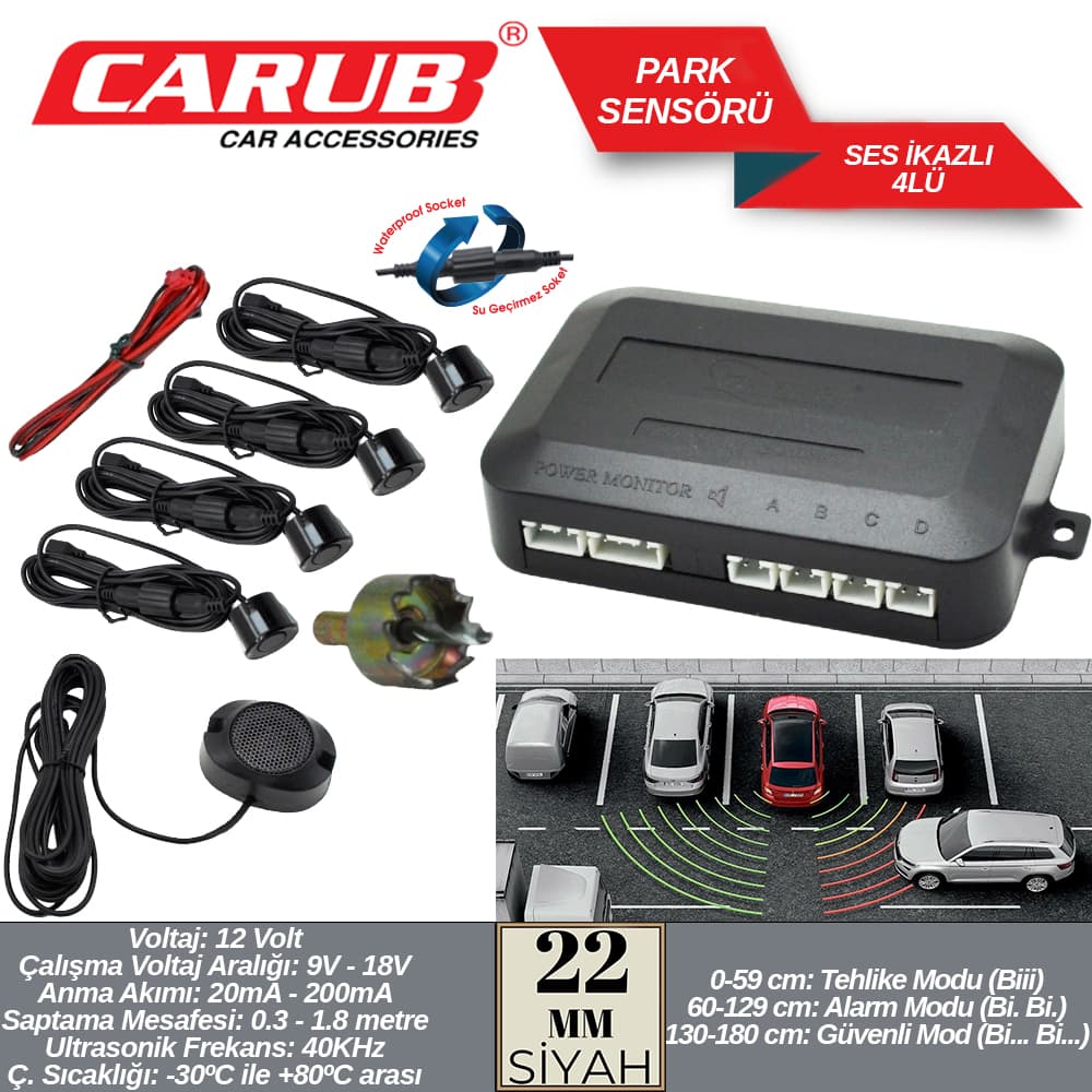 Park Sensörü Ses İkazlı 22mm 4Lü  Siyah