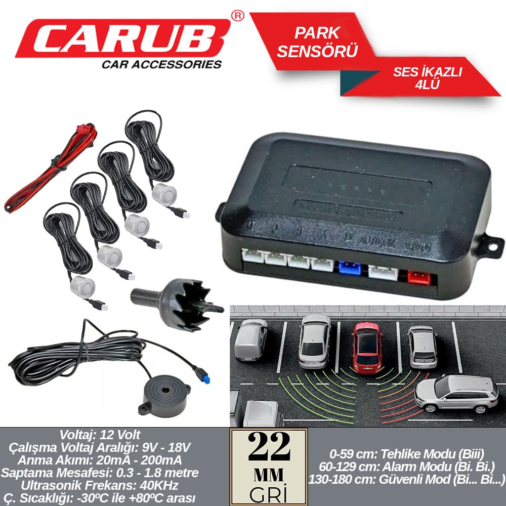 Park Sensörü Ses İkazlı 22mm 4Lü  Gri