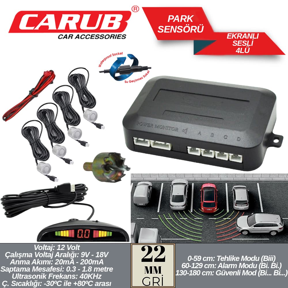 Park Sensörü Ekranlı-Sesli  22mm 4Lü  Gri