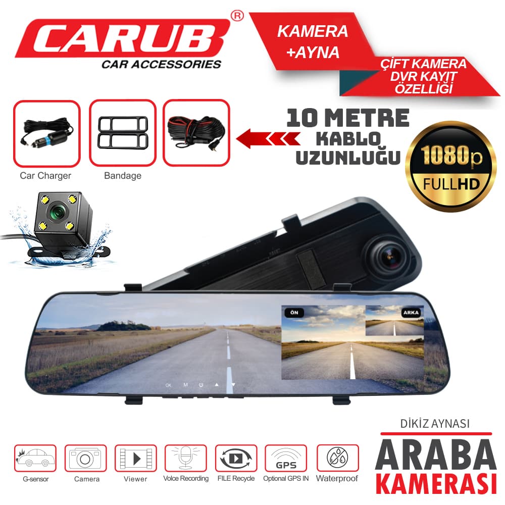 Kamera +Ayna Çift Kamera DVR TFT Geniş 10 MT