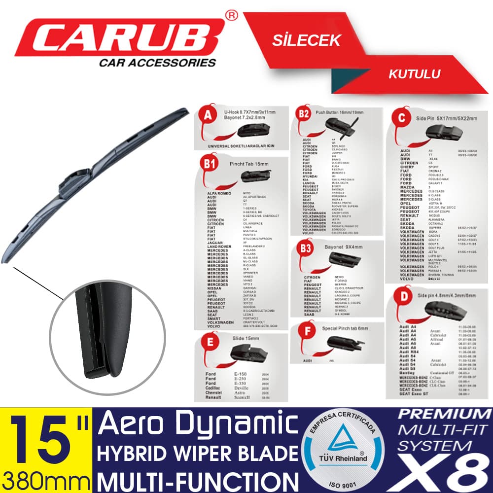 Silecek 375mm 15 inch Hybrid 8 Aparatlı Kutu