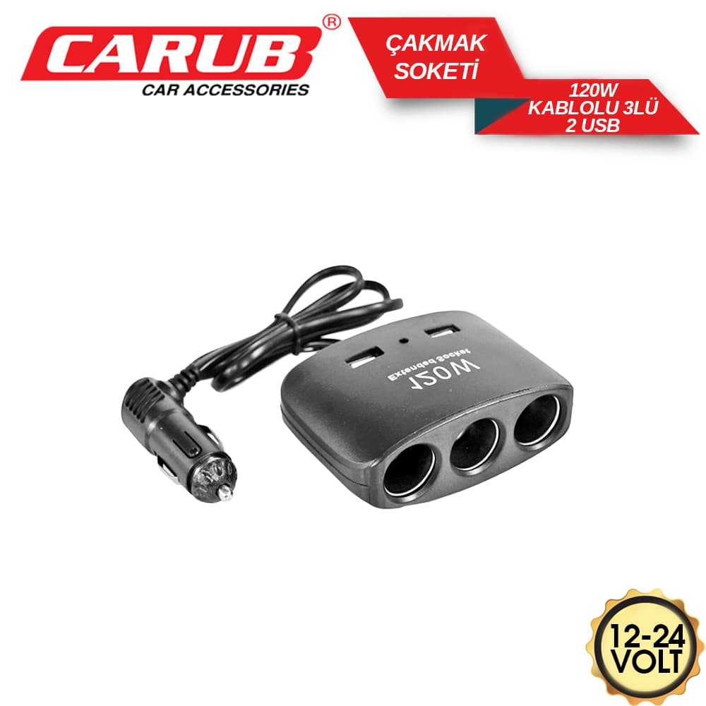 Çakmak Soket 12-24V-  120W Kablolu 3lü 2USB