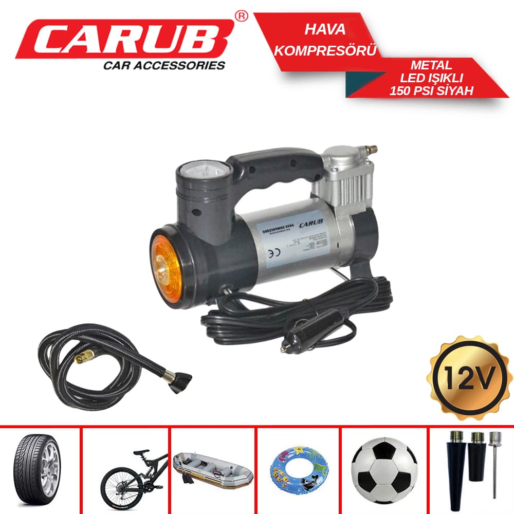 Hava Kompresörü 12V Metal Led Işıklı  Siyah