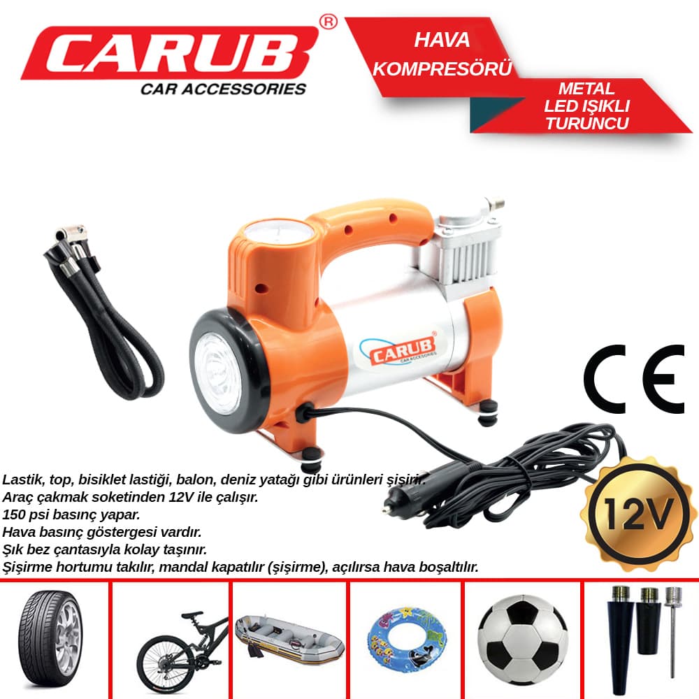 Hava Kompresörü 12V  Metal Led Işıklı Orange