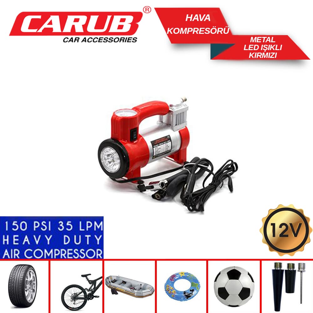 Hava Kompresörü 12V  Metal Led Işıklı Kırmız