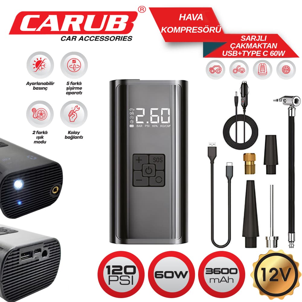 Hava Kompresör Şazlı+ Çakmaktan Usb+Typc 60W