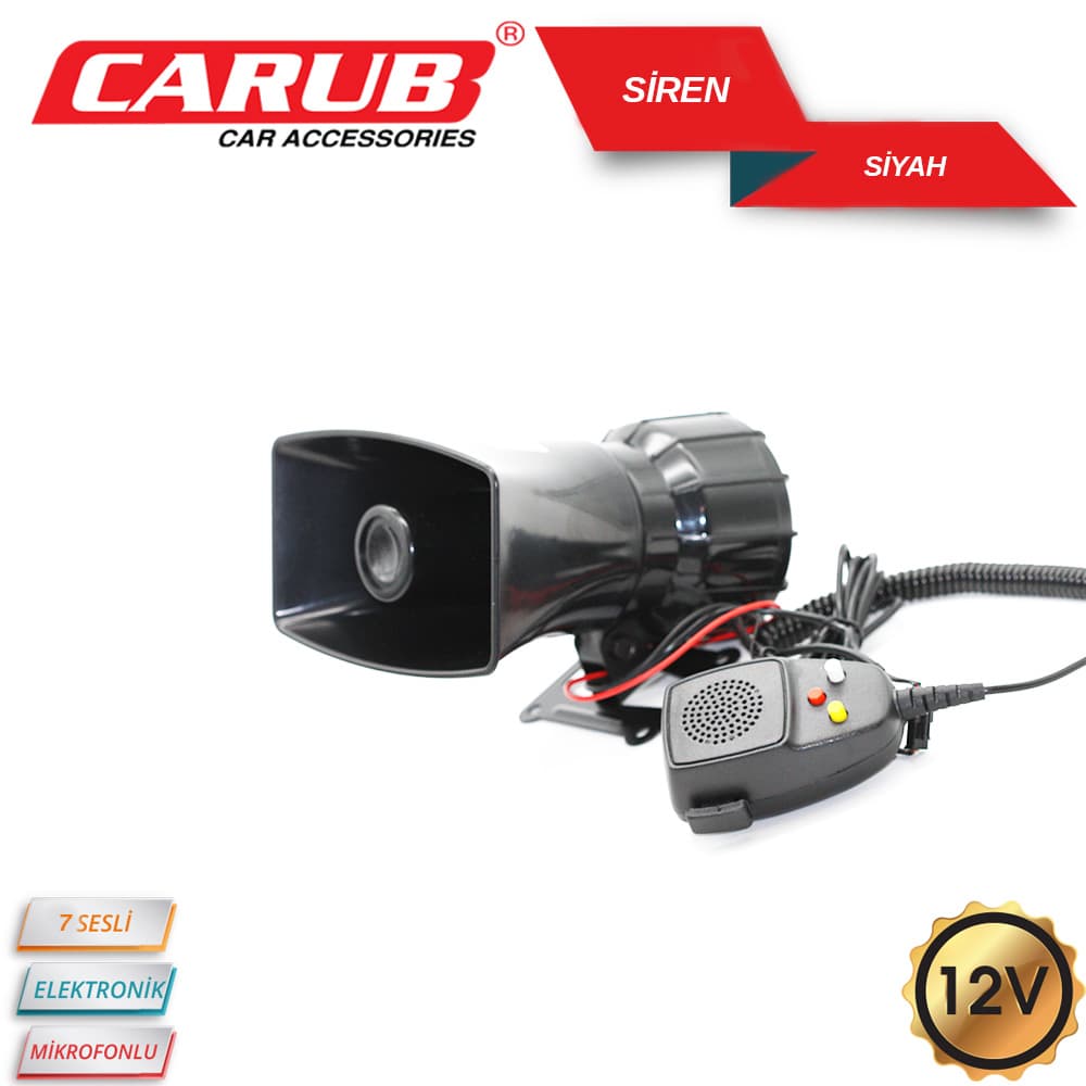 Siren 12V 7 Sesli  Elektronik Mikrofonlu Siy