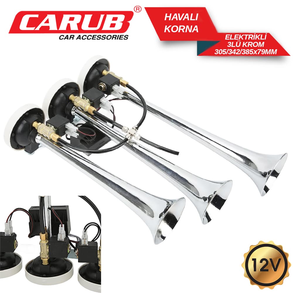 Korna 12V 3Lü   Havalı Elektrikli Krom
