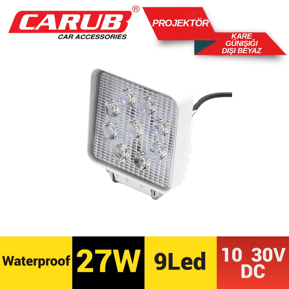 CARUBProjektör9-30V 9Led Kare  Günışık Dışı Beyaz