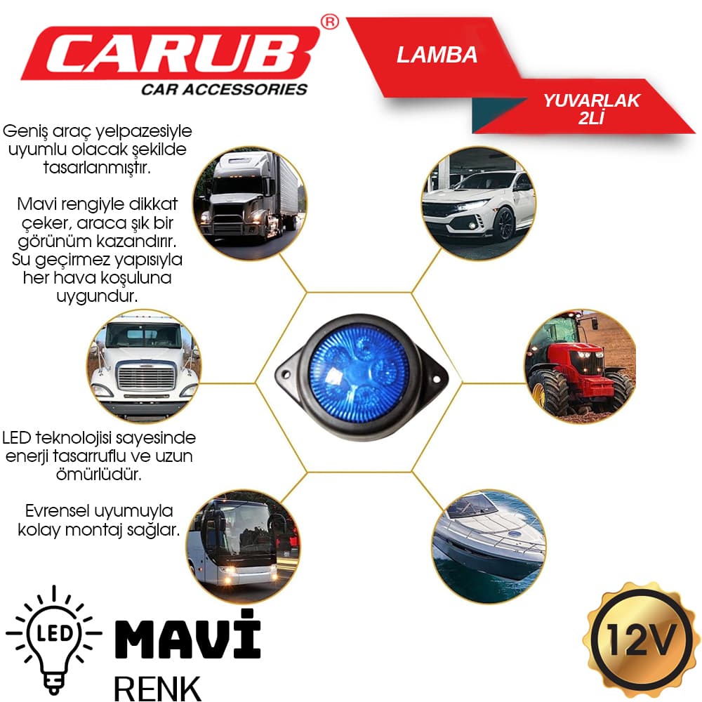 Lamba 12V Ledli Yuvarlak Mavi