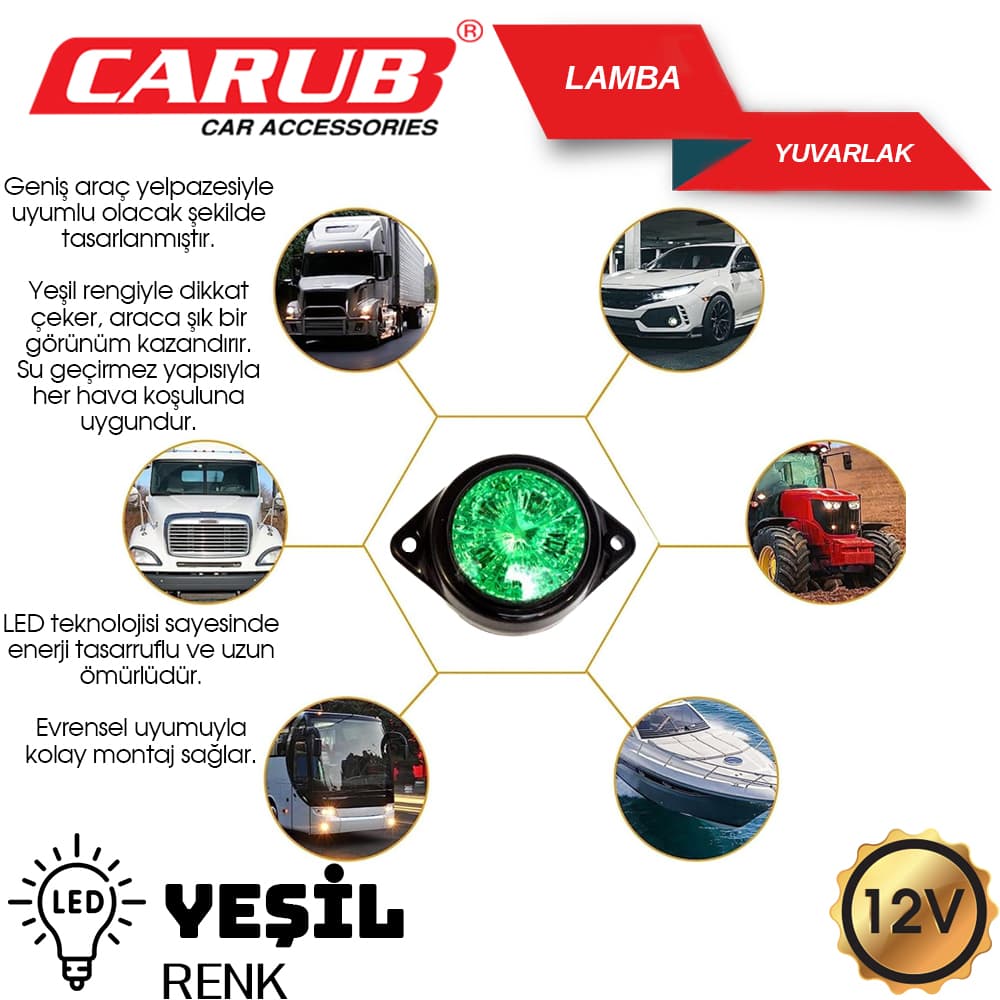 Lamba 12V Ledli Yuvarlak Yeşil