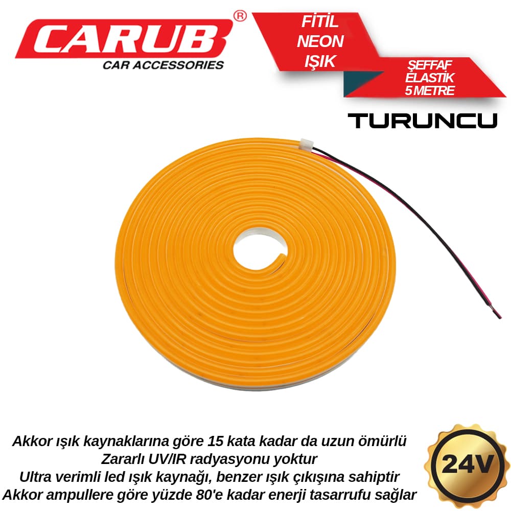 Fitil Neon Işık Şeffaf Elastik 24V 5Mt Oranj