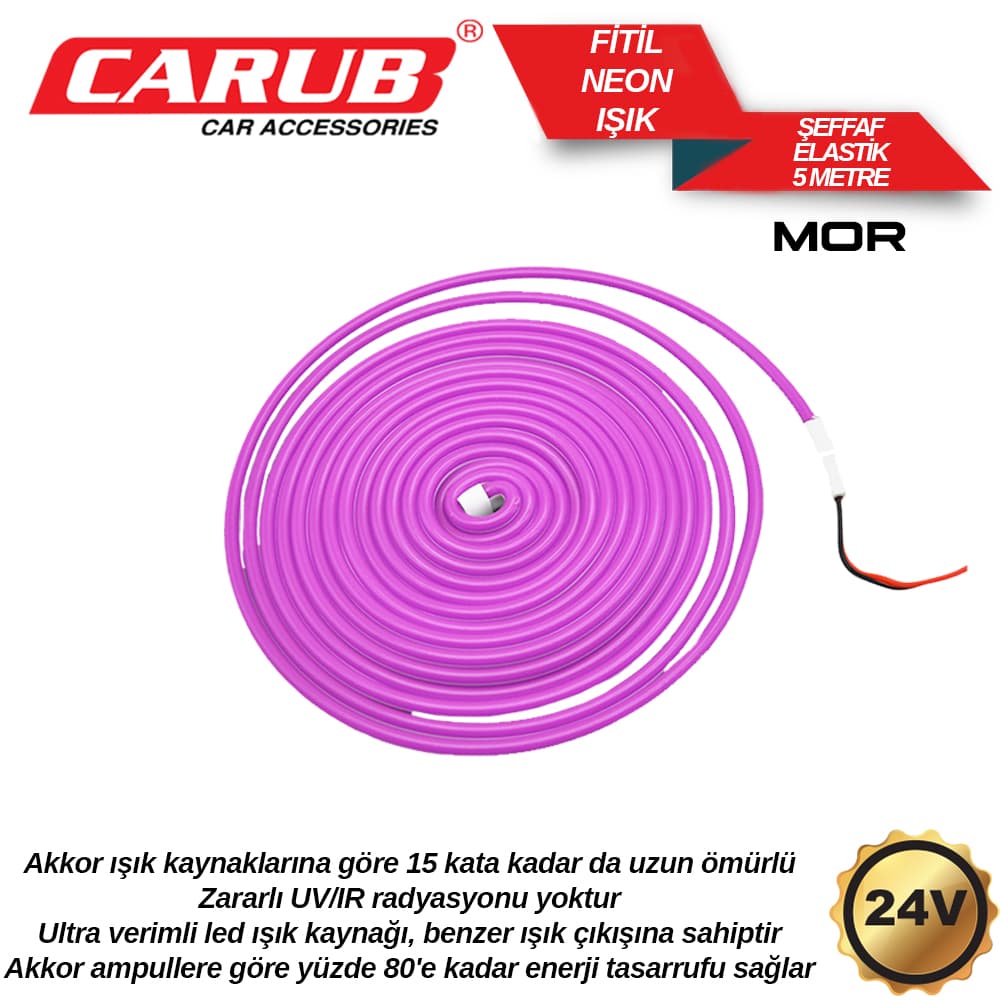 Fitil Neon Işık Şeffaf Elastik  24V 5Mt Mor