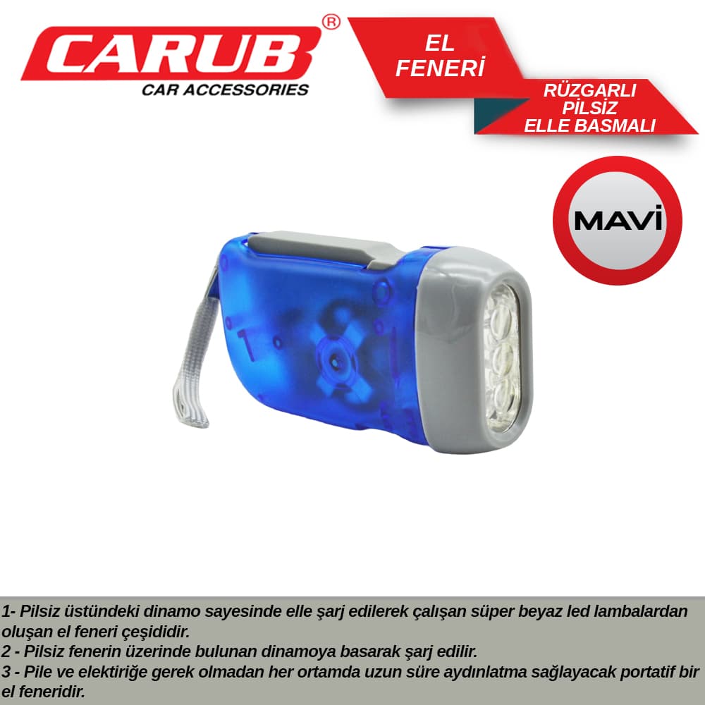 El Feneri Rüzgarlı Pilsiz Elle Basmalı Mavi