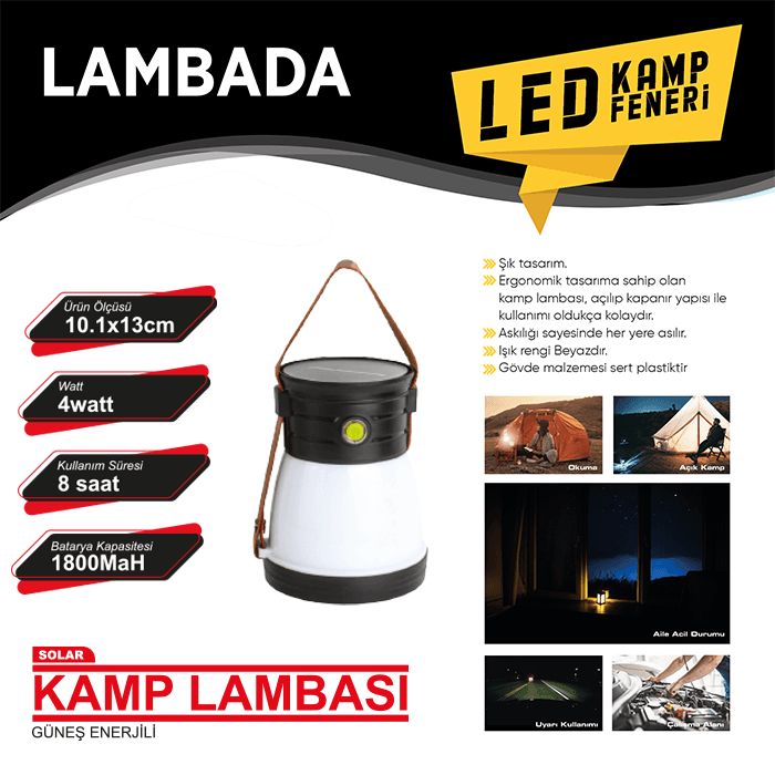 Kamp Feneri Güneş Enerjili Çakar 5 Fonksiy