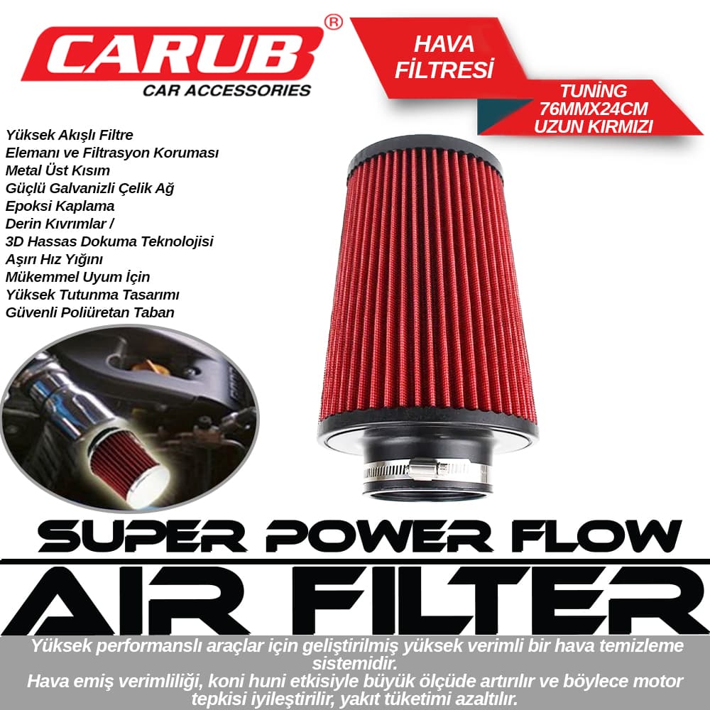 Hava Filtresi Tunig Uzun 76mmx 24cm Kırmızı