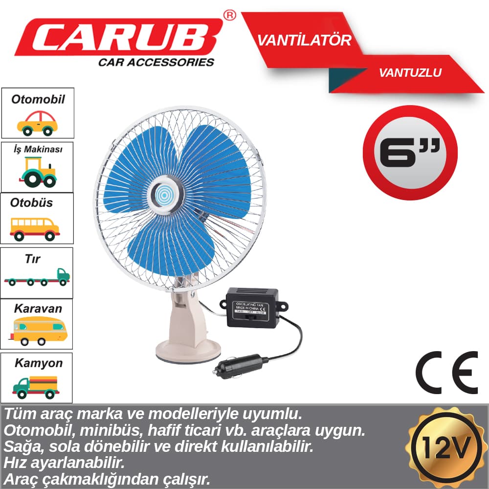 Vantilatör 12V 6 İnch Vantuzlu