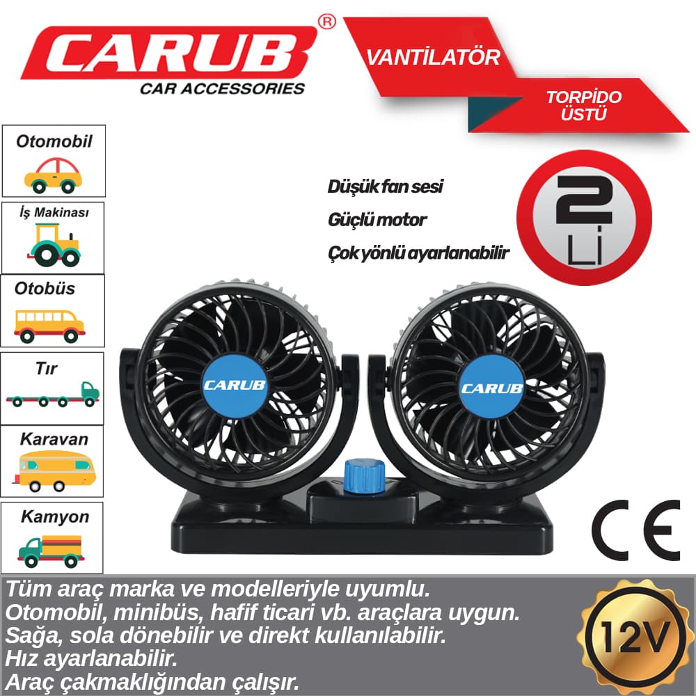 Vantilatör 12V Torpido üstü  İki  Fan Ayarlı