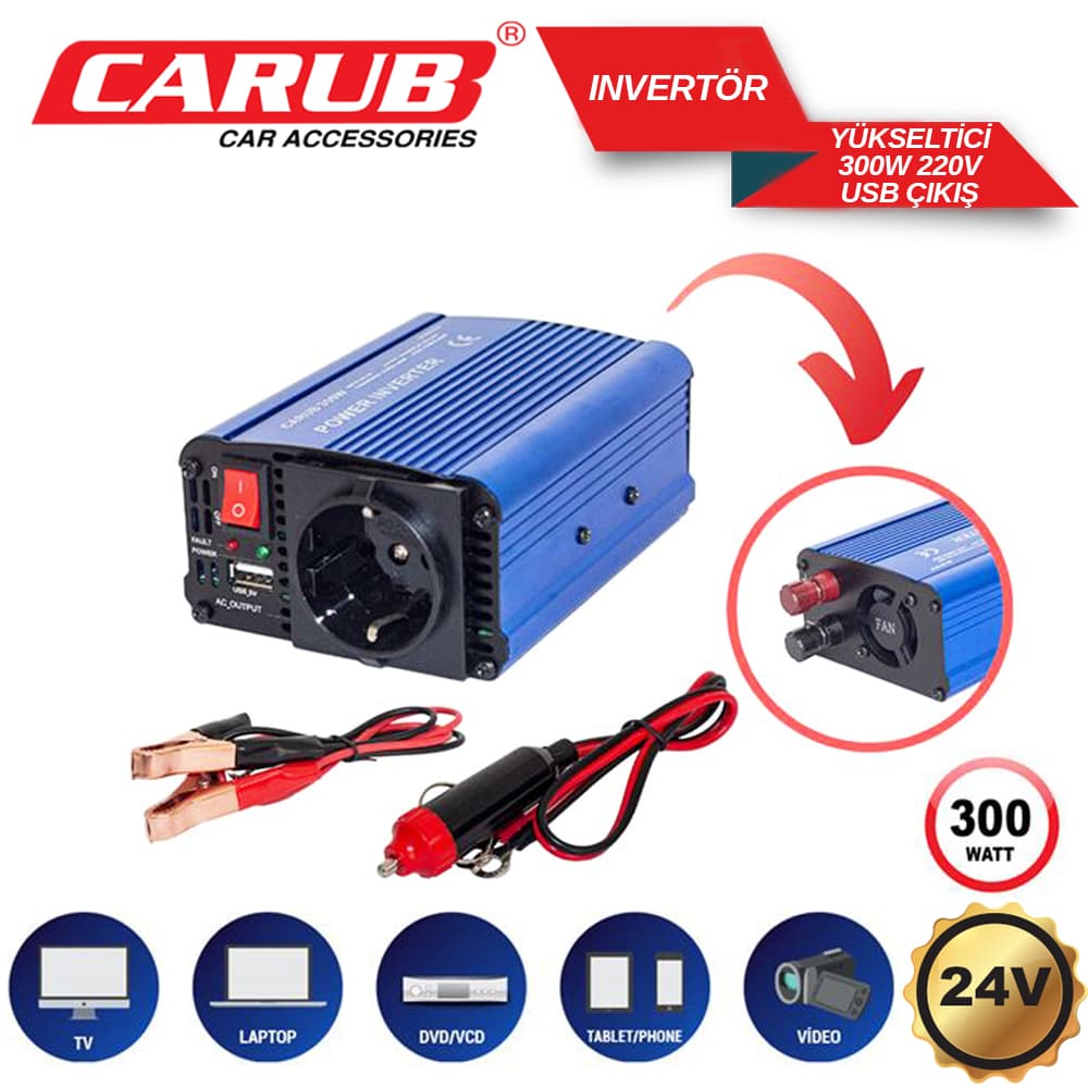 Invertör 24V 300W 220V Yükseltic + USB Çıkış