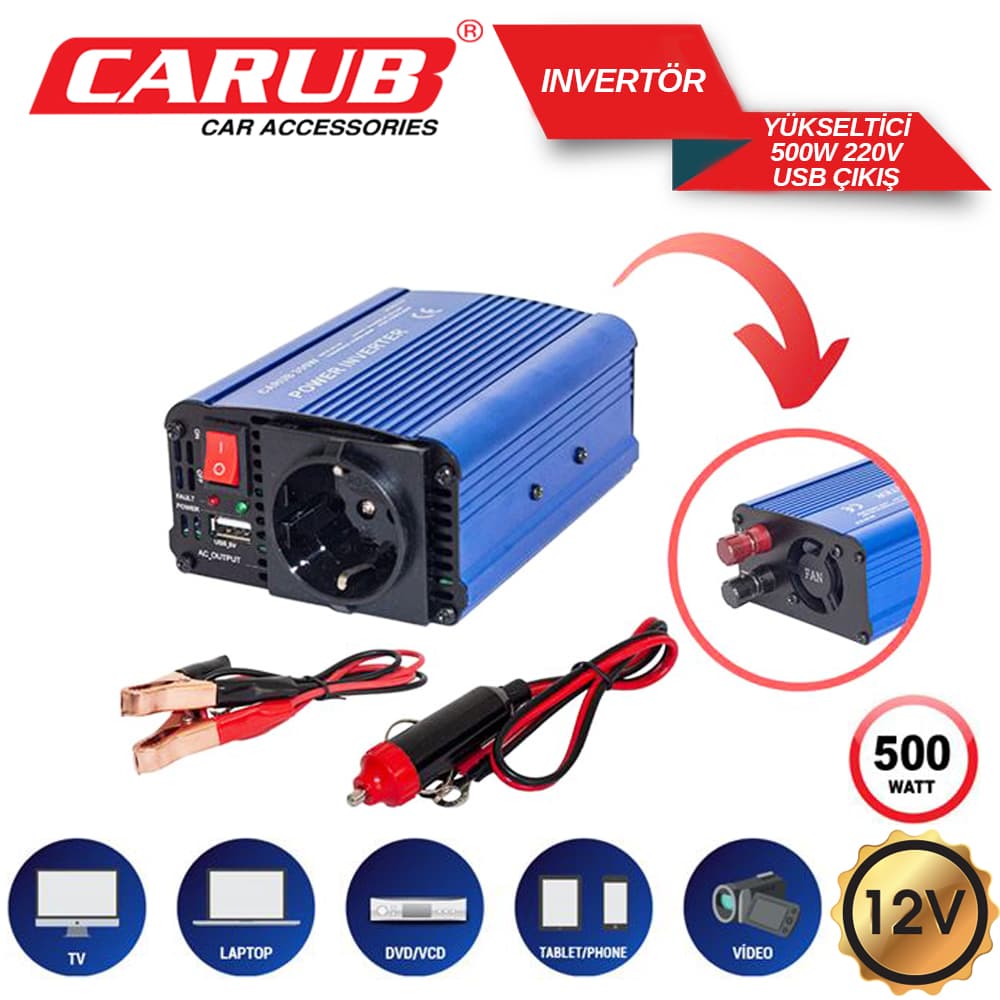 Invertör 12V 500W 220V Yükseltic + USB Çıkış