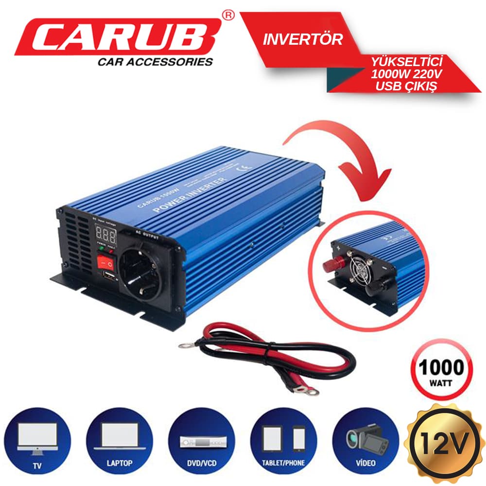 Invertör 12V 1000W 220V Yükseltic+ USB Çıkış