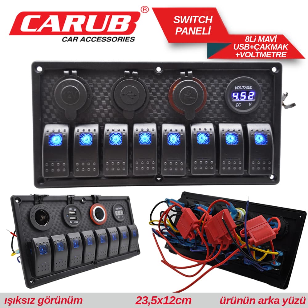 Switch Paneli 8lİ Usb+Çakmak+Voltmetre Mavi