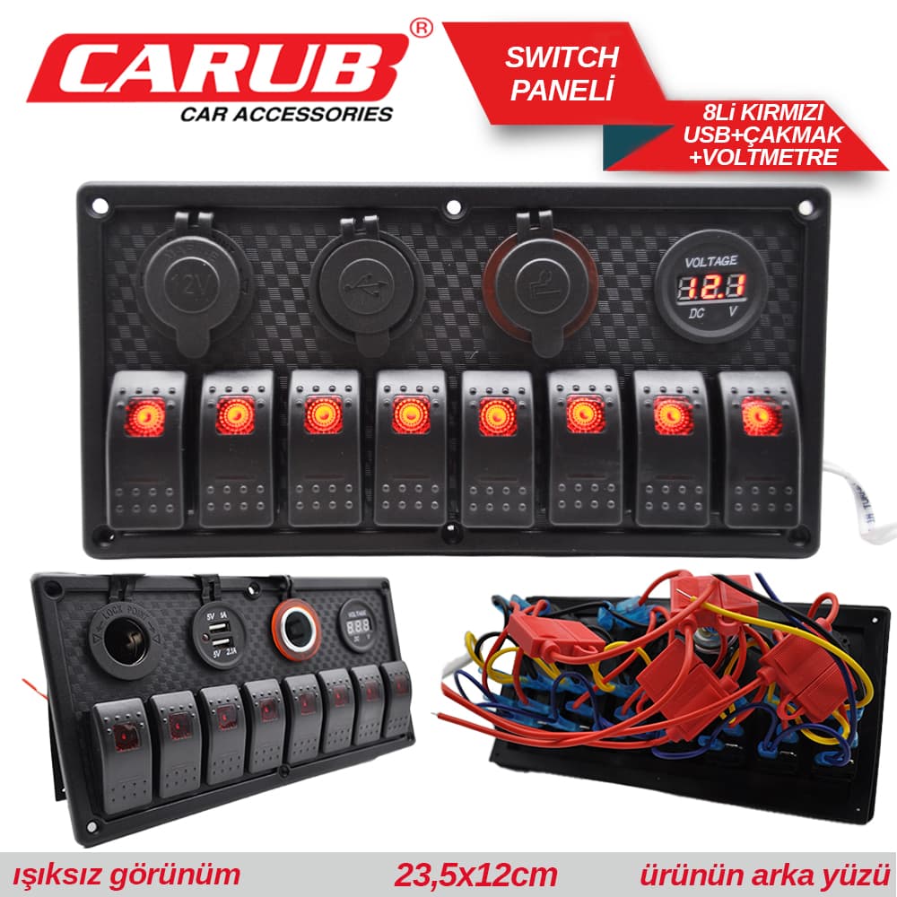 Switch Paneli 8lİ Usb+Çakmak+Voltmetre Kırmı