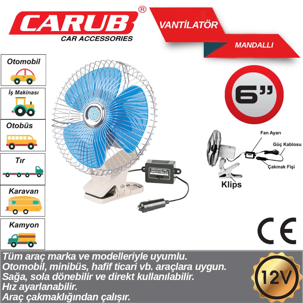 Vantilatör 12V 6 İnch Mandallı