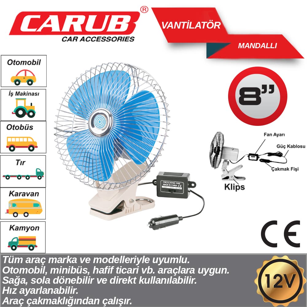 Vantilatör 12V 8 İnch Mandallı